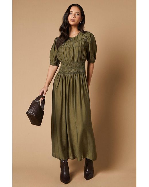 Oasis Green Shirred Bodice Puff Sleeve Midi Dress