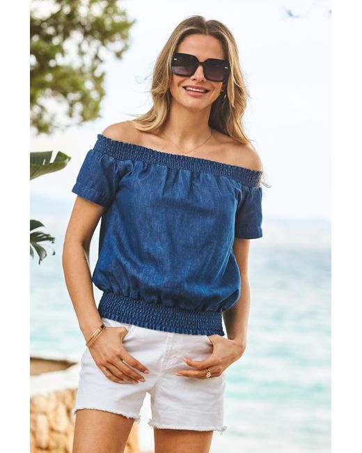 Sosandar Blue Shirred Waist Bardot Denim Top Cotton