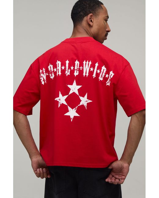 BoohooMAN Red Oversized Boxy Star Print T-Shirt Cotton for men