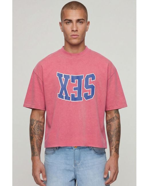 BoohooMAN Red Oversized Boxy Heavyweight Washed Sex Slogan T-Shirt for men