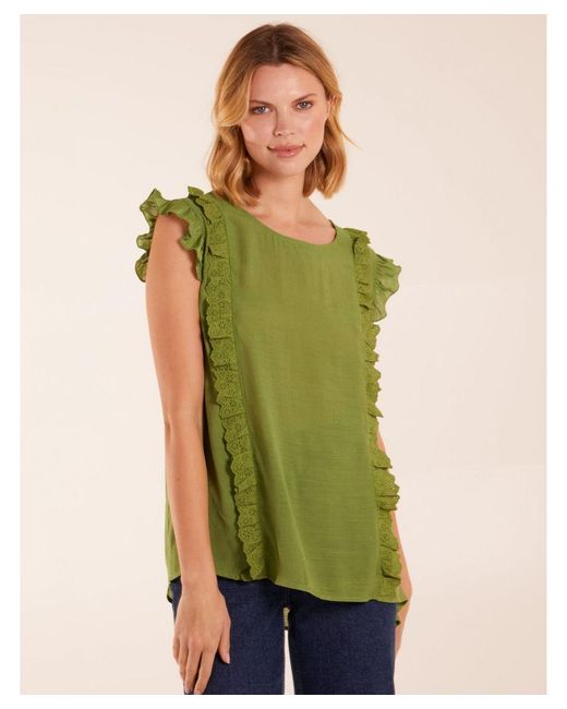 Blue Vanilla Green Button Back Frill Top