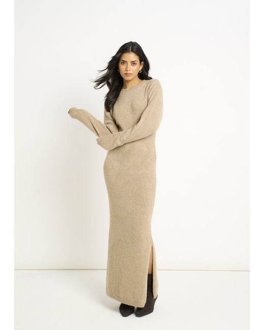 Gini London Natural Oatmeal Jersey Boucle Bodycon Maxi Dress