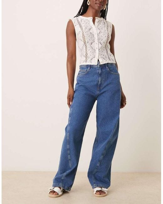 ASOS Blue Barrel Leg Jeans With Seam Detail