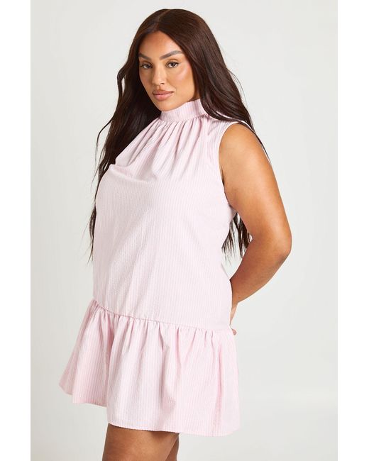 Boohoo Pink Plus Stripe High Neck Frill Hem Mini Dress