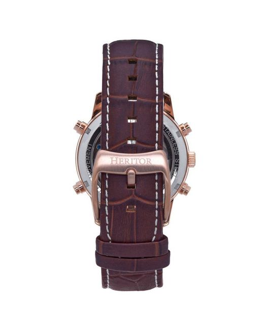 Heritor Brown Wilhelm Semi-Skeleton Leather-Band Watch W/Day/Date for men