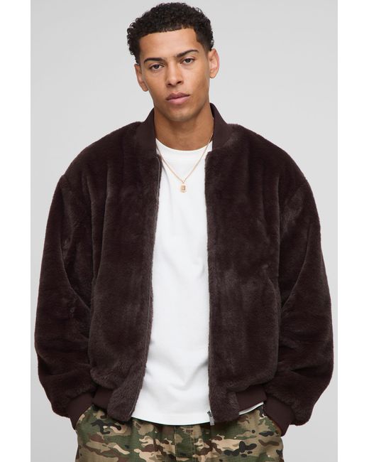 BoohooMAN Black Regular Fit Faux Fur Bomber Jacket for men