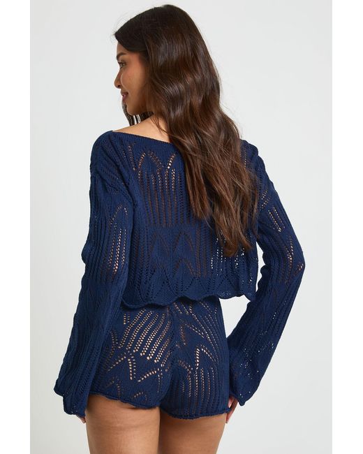 Boohoo Blue Patterned Slash Neck Beach Crochet Top