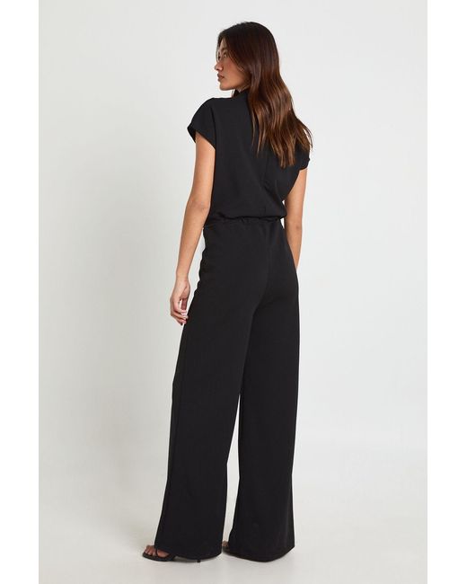 Boohoo Blue Crepe Grown On Neck Drawstring Waistband Wide Leg Jumpsuit
