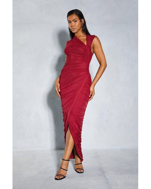 MissPap Red Mesh Ruched Cut Out Detail Wrap Midaxi Dress