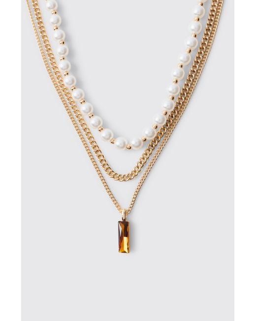 BoohooMAN White Layered Mock Pearl Gem Pendant Necklace for men