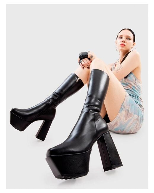 Lamoda Black Chunky Calf Boots Who Cares Square Toe Platform Heels With Zipper