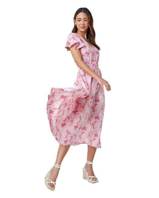 Roman Pink Palm Print Tiered Midi Dress