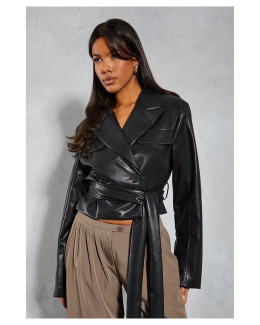 MissPap Gray Leather Look Cropped Trench Coat