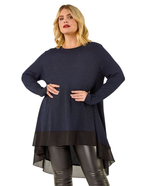 Roman Blue Curve Glitter Chiffon Hem Tunic Top