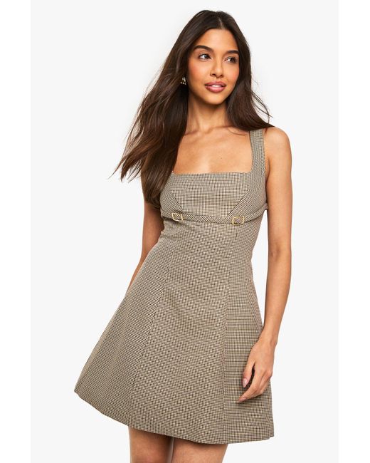 Boohoo Brown Check Herringbone Square Neck Tailored Buckle Detail Mini Dress