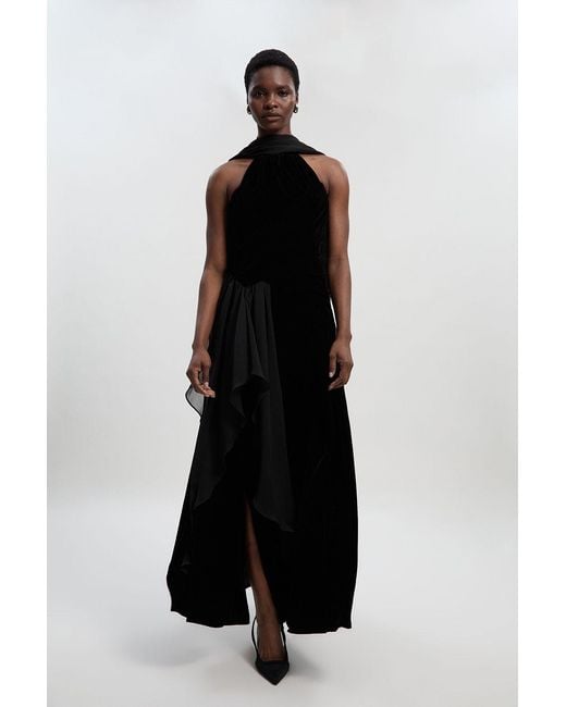 Karen Millen Black Petite Velvet Cross Front Woven Maxi Dress