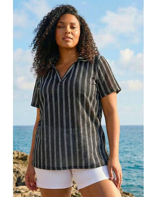 Roman Black Curve Stripe Collared Knit Top