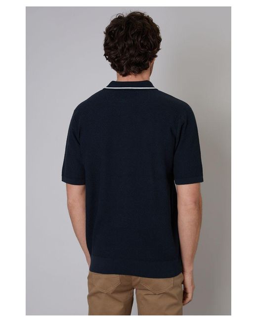 Threadbare Blue 'Churchill' Cotton Mix Short Sleeve Knitted Polo for men