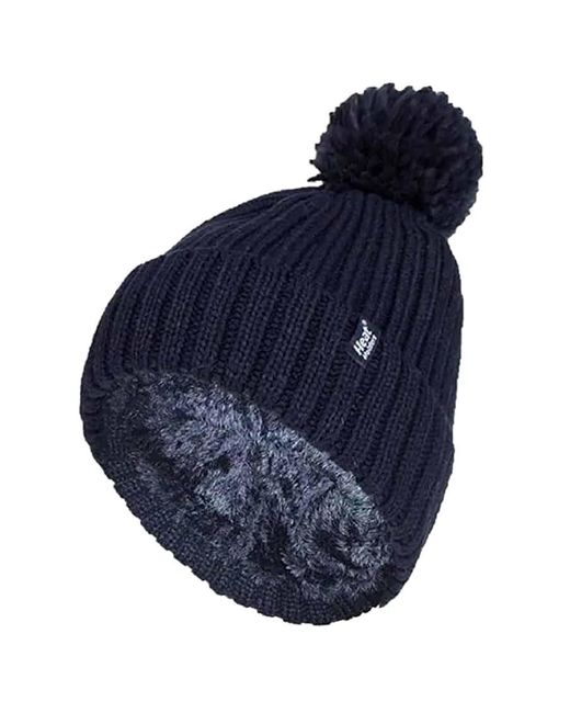 Heat Holders Blue Ladies Ribbed Cuffed Thermal Insulated Winter Pom Pom Bobble Hat