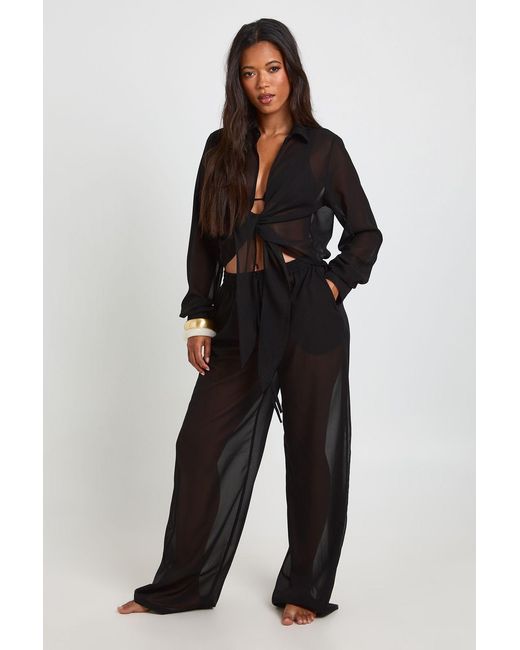 Boohoo Black Chiffon Beach Trouser