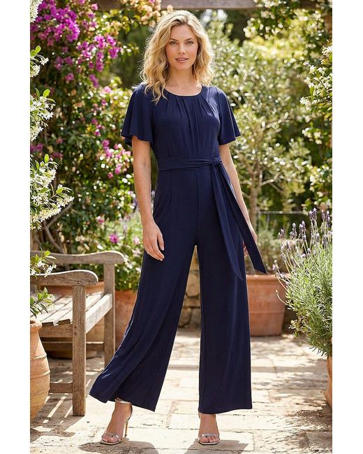 Roman Blue Pleat Neck Belted Jumpsuit