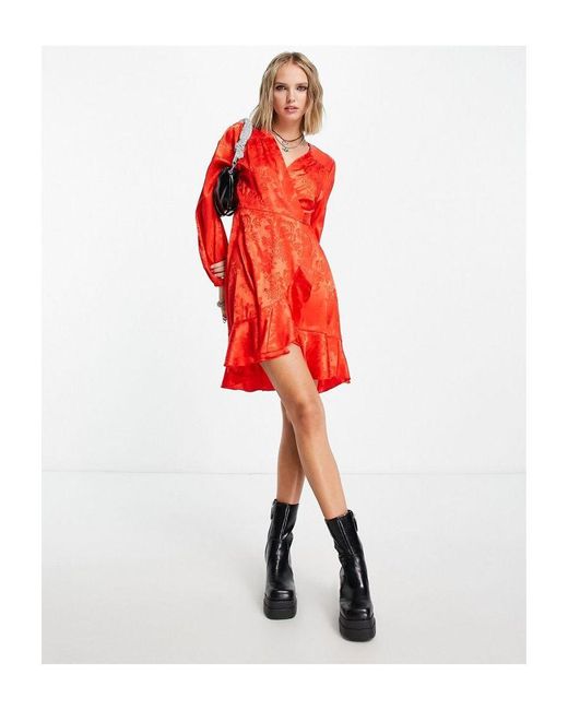 Flounce London Red Petite Satin Wrap Front Mini Dress With Balloon Sleeve