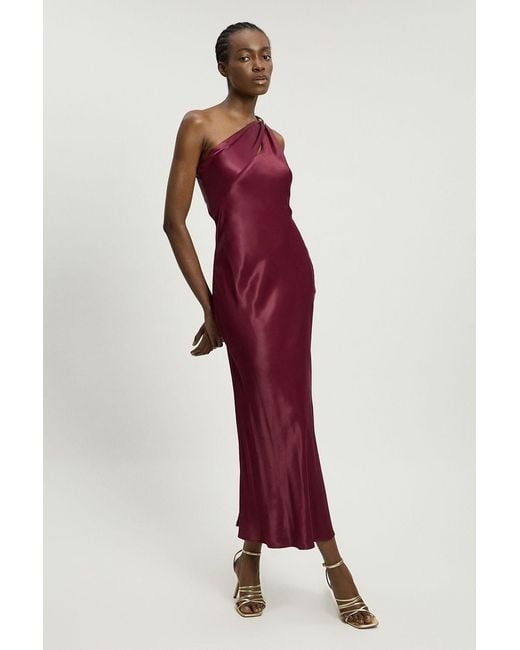 Karen Millen Red Satin Viscose Trim Detail One Shoulder Maxi Dress