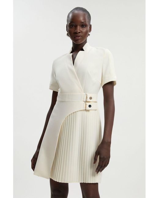 Karen Millen Natural Tailored Crepe Military Pleat Notch Neck Wrap Mini Dress