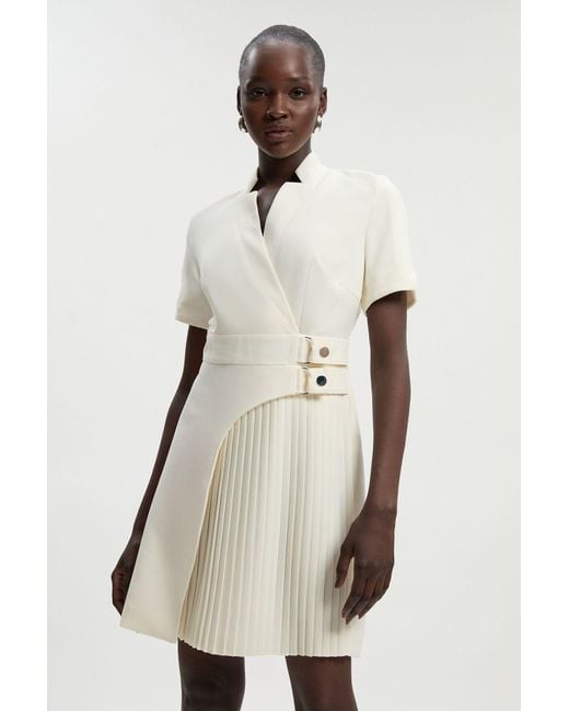 Karen Millen Natural Tailored Crepe Military Pleat Notch Neck Wrap Mini Dress