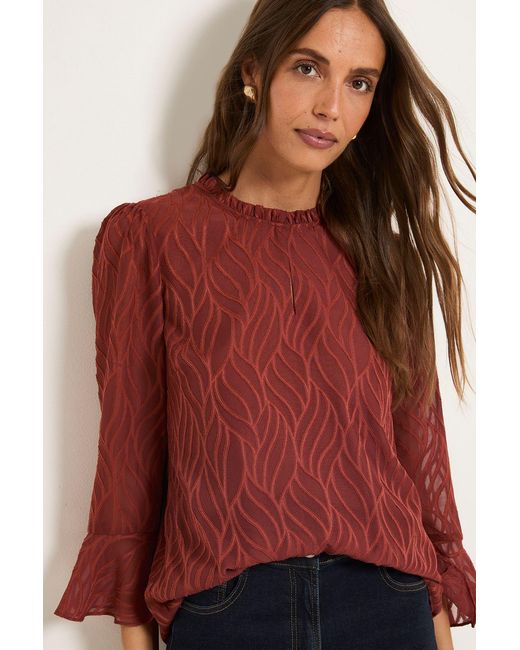 Wallis Red Burnout Ruffle Neck Blouse