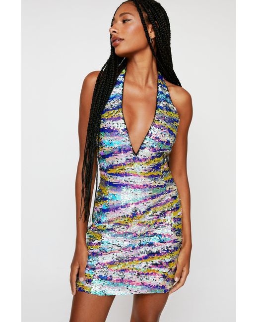 Nasty Gal Blue Premium Marble Sequin Plunge Halter Mini Dress