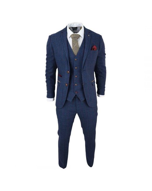Paul Andrew Blue Tweed Check 3-Piece Suit for men