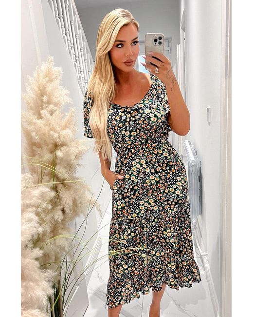 AX Paris Multicolor Multi Ditsy Printed Flutter Sleeve Midi Dress