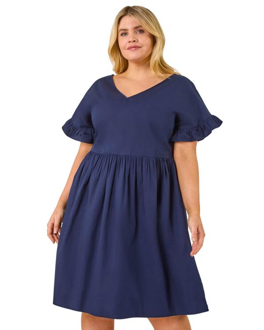 Roman Blue Curve Cotton V-Neck Frill Dress