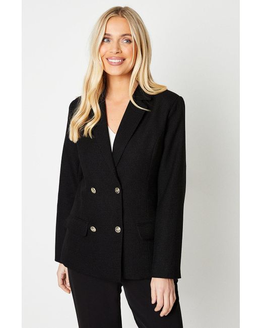 Wallis Black Petite Longline Textured Double Breasted Blazer