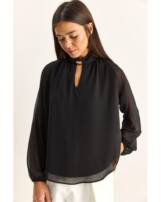 Bianco Lucci Black Mandarin Collar Chiffon Blouse With Stone Accessory