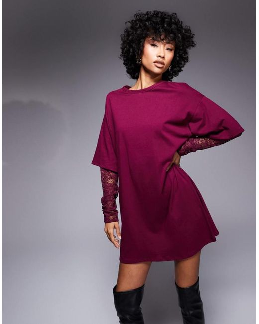 ASOS Purple Long Sleeve Lace T Shirt Mini Dress
