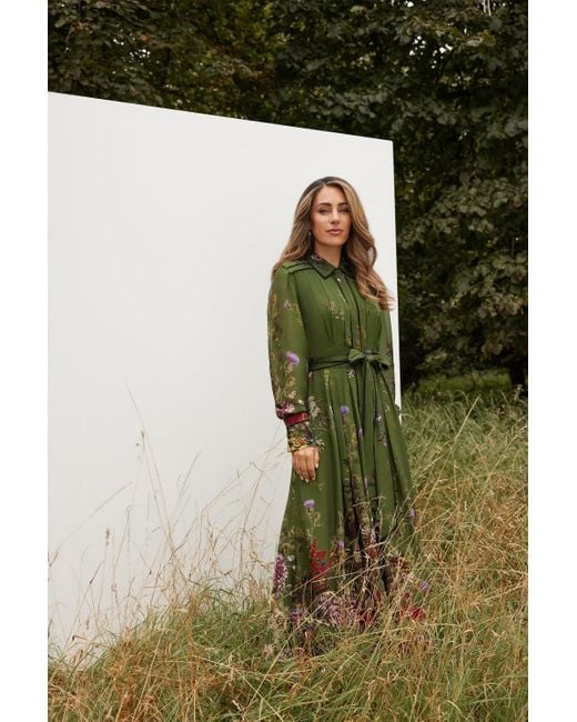 Karen Millen Green Lydia Viscose Floral Border Shirt Woven Midi Dress