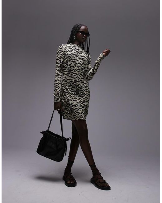TOPSHOP Gray Long Sleeve Crinkle Print Mini Dress