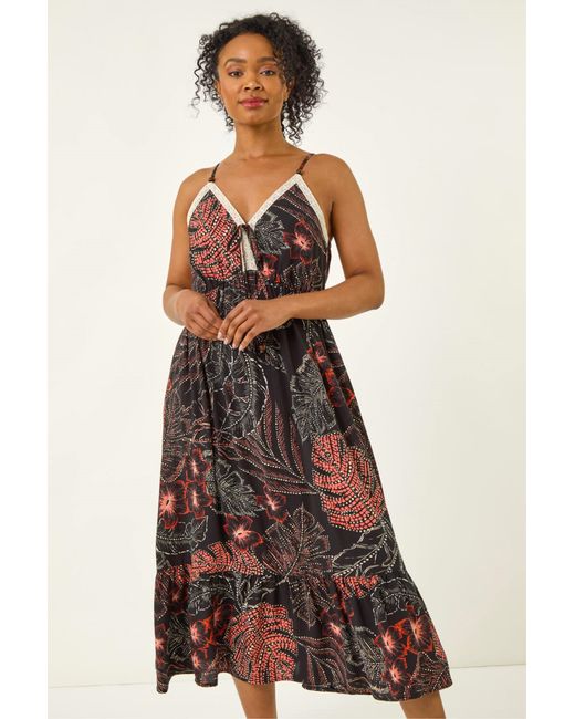 Roman Black Petite Abstract Leaf Crochet Trim Dress