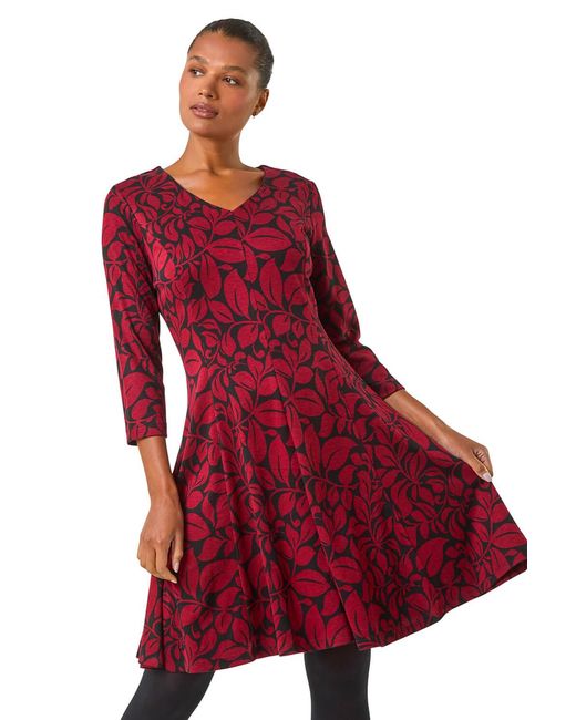 Roman Red Leaf Print Skater Dress