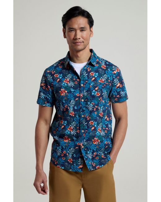 Mountain Warehouse Blue Tropical Printed Short Sleeve Shirt 100% Cotton Chest Pocket Holiday Top for men