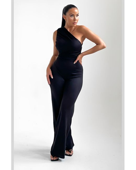 Femme Luxe Blue One Shoulder Ruched Straight Leg Jumpsuit
