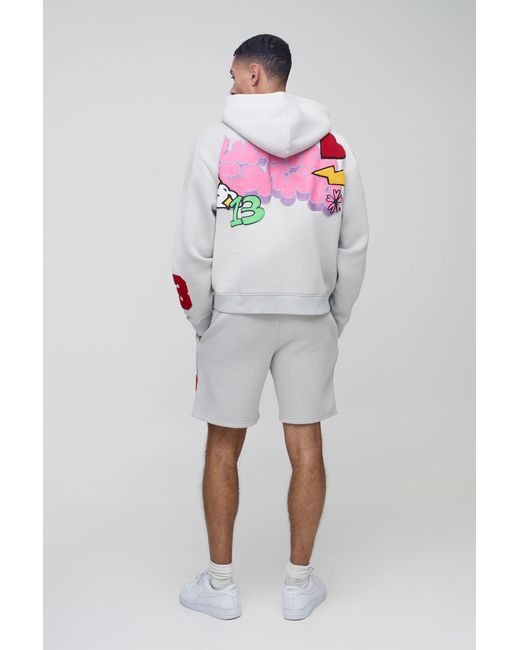 BoohooMAN White Oversized Zip Through Puff Print Zip Hooded Short Tracksuit for men