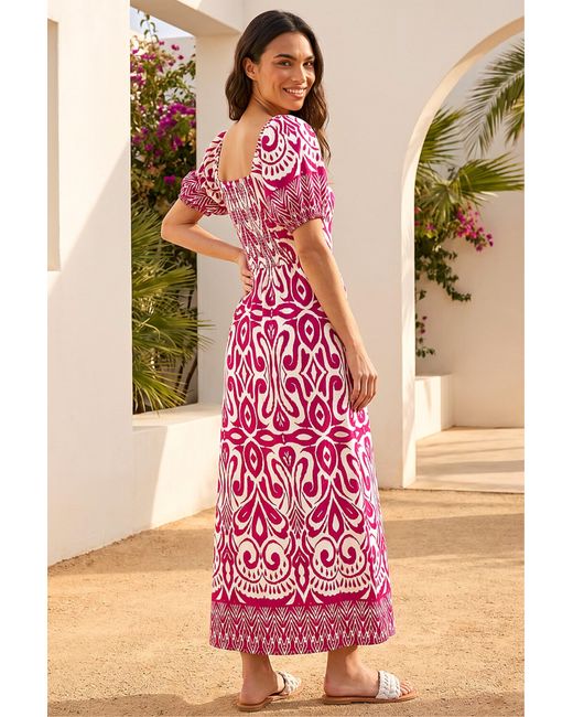 Roman Pink Abstract Print Sweetheart Neck Midi Dress