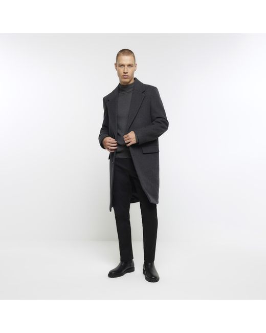 River Island Black Longline Coat Regular Fit Wool Blend for men