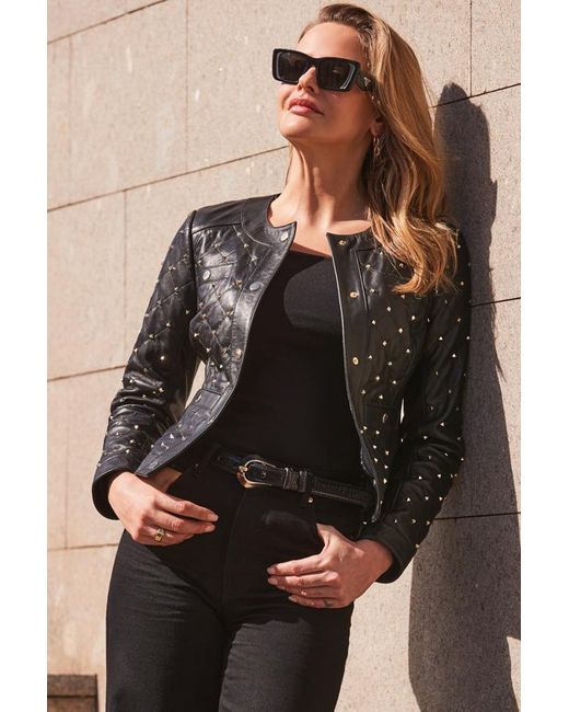 Sosandar Brown Studded Detail Collarless Leather Jacket