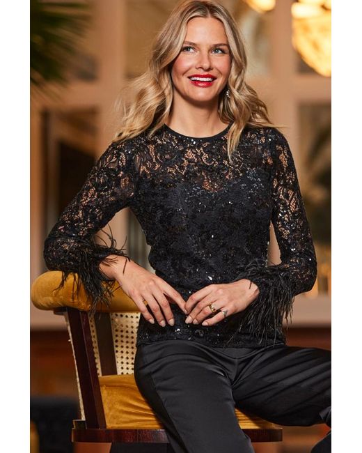 Sosandar Black Lace & Embellished Feather Trim Top