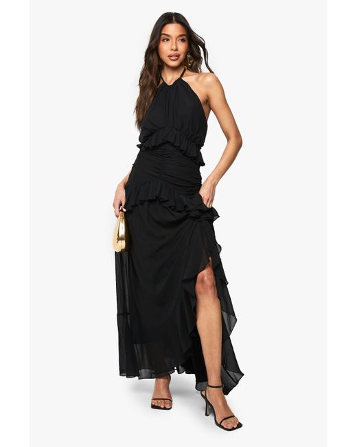 Boohoo Black Halterneck Chiffon Ruffle Detail Maxi Dress
