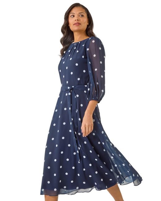 Roman Blue Spot Print Chiffon Pleated Midi Dress